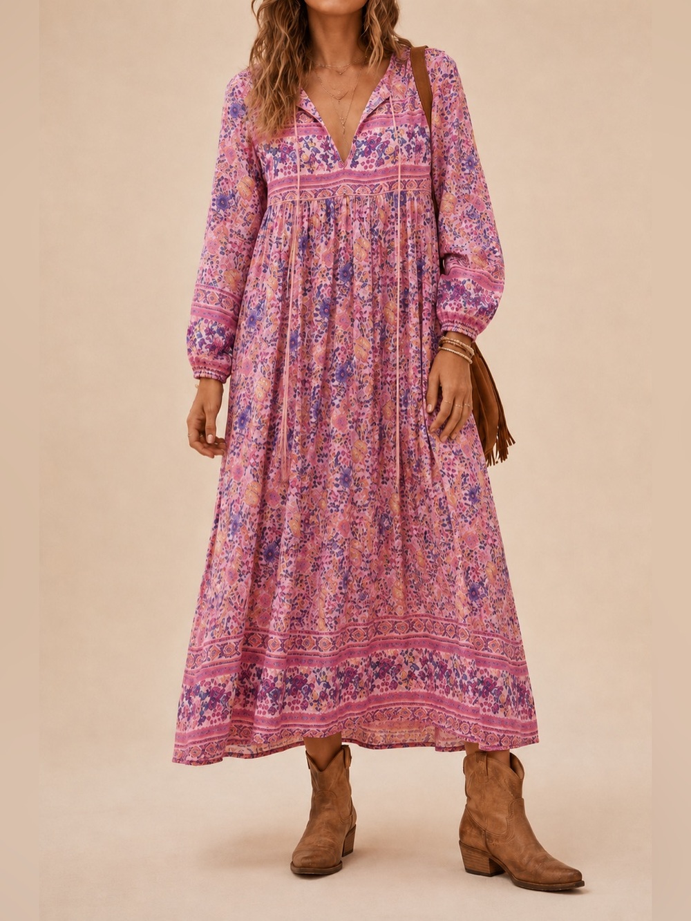 Bohemian Floral Midi Dress Pink Cottagecore Prairie Peasant Dress Size 6
